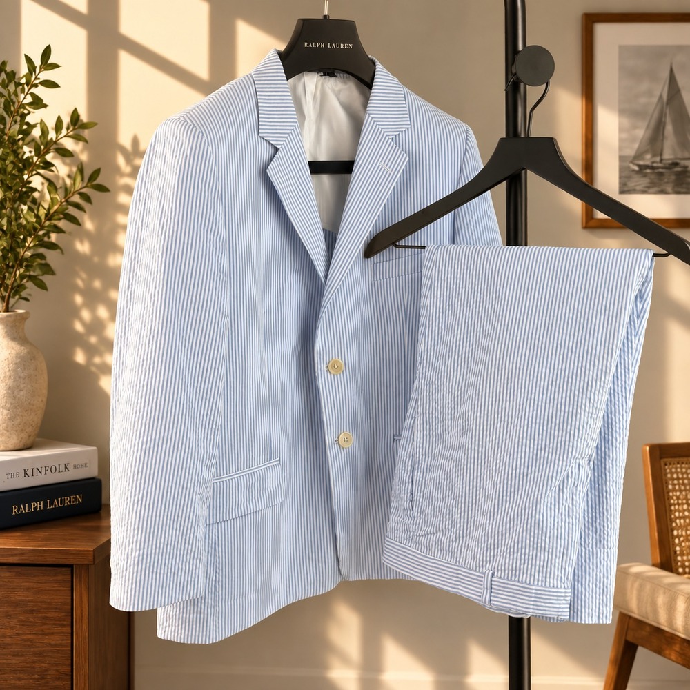 Brooks Brothers Red Fleece Suit Womens 20 Blue White Seersucker Cotton 2 Piece
